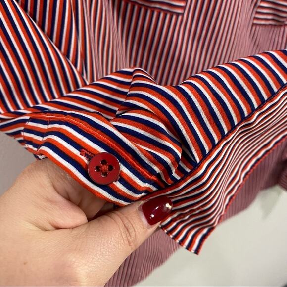 Cabi Franklin Patriot Stripe Red White Split Neck Blouse Button Sleeve Sz Small - Picture 10 of 12